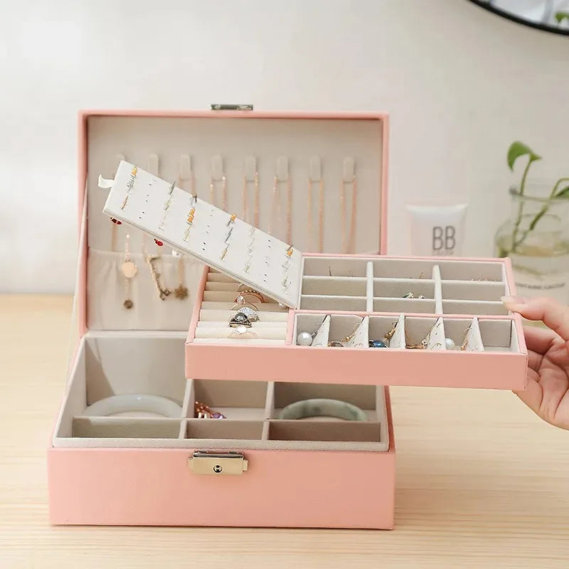 Double-layer Jewlery Box Ring Box Jewelry Boxes with Locks, PU Leather Jewelry Storage Organizer and Makeup Case