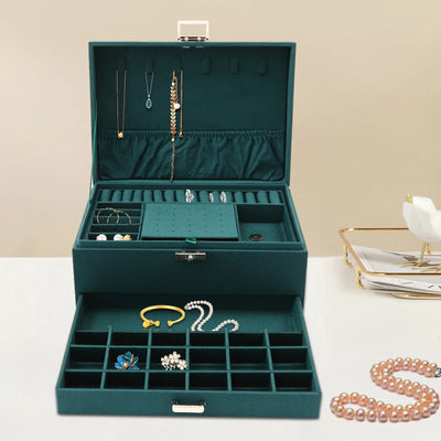 3 - Tier Dark Green Jewelry Box Organizer with 15 Ring Slots 10 Earring Hooks 18 Stud Holes Drawers for Necklace | SAMAG