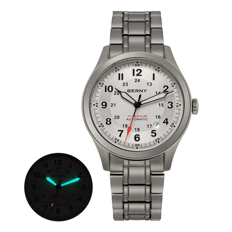 BERNY Titanium Automatic Men's Field Watches Date Sapphire Super Luminous Sports Easy Read Outdoor 10ATM Mechanical Watch