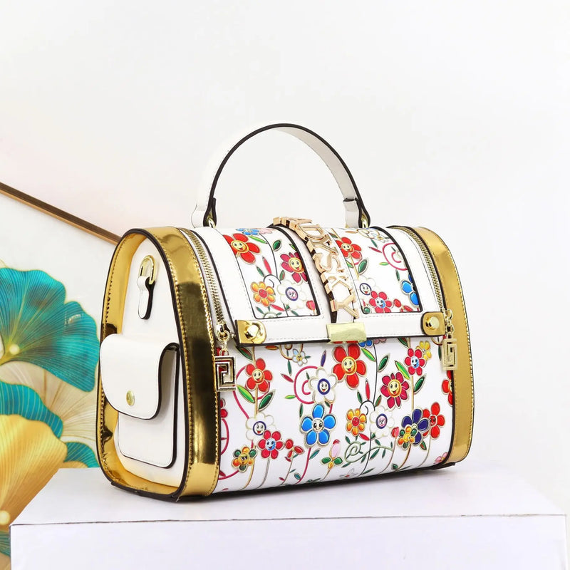 Women Boston Bag Printed Pattern Handbag Large Capacity Shoulder Crossbody Bag Double Zipper Half Cover Style Top Handle Bag