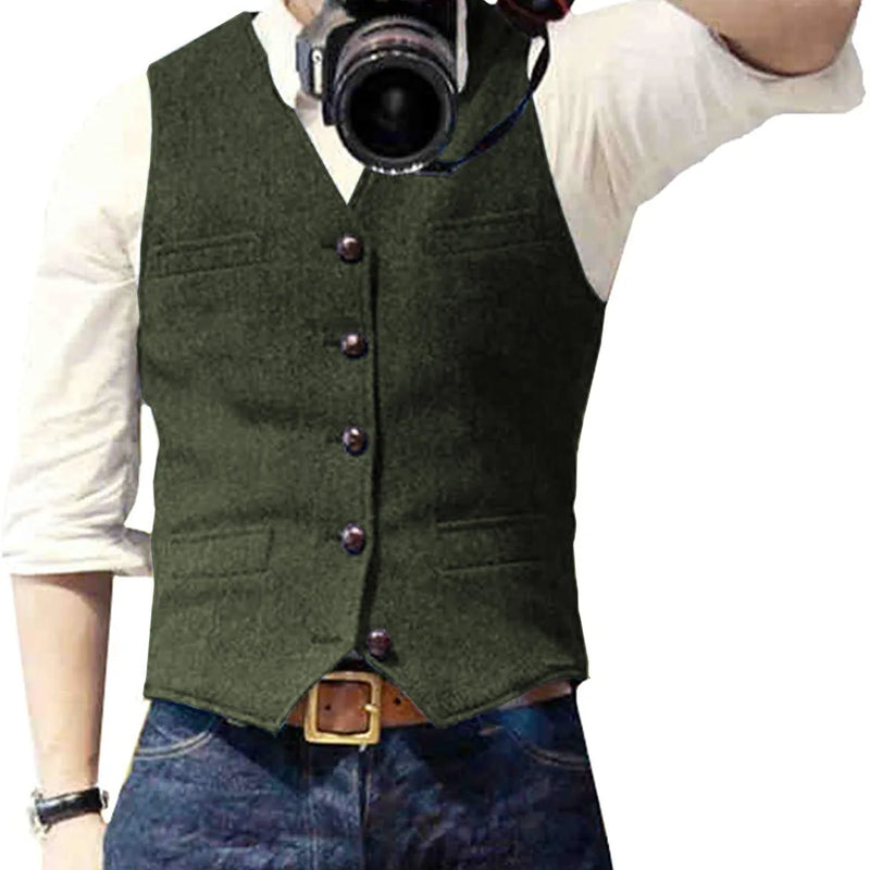 V Neck Men's Suits Vest Casual Classic Formal Business Herringbone Tweed Slim Fit Waistcoat For Wedding Groomsmen