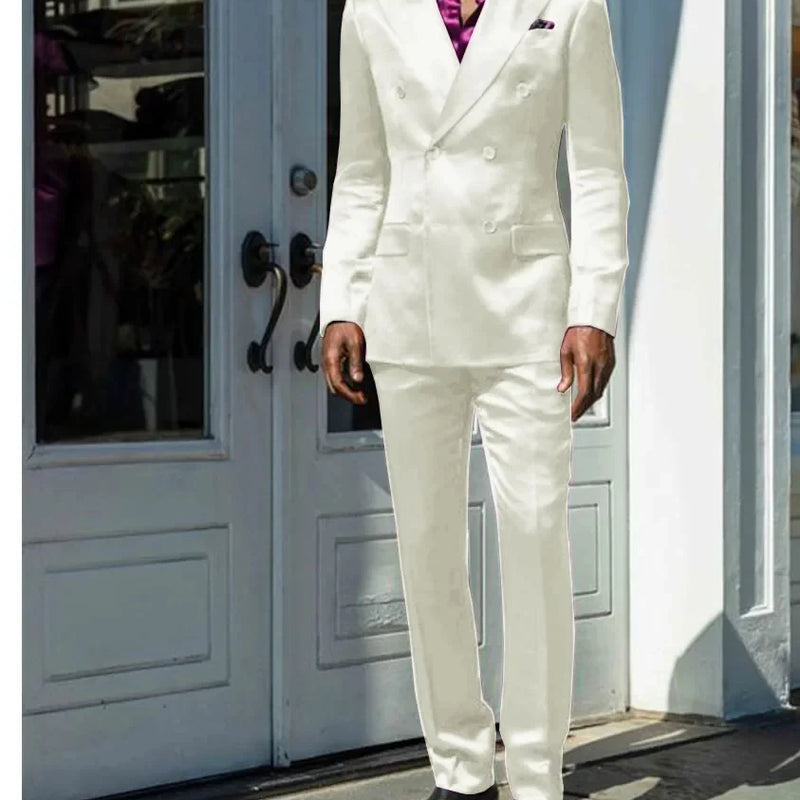 Fashionable Men Suits Satin 2 Piece Jacket Pants Sets High Quality Prom Party Blazer Double Breasted Peak Lapel Male Clothing