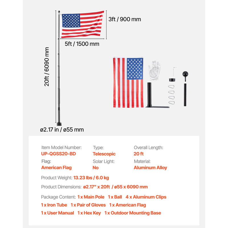VEVOR 16/20/25/30ft Flag Pole for Outside House In Ground Thick Aluminum Flagpole Kit with 3x5American Flag for Yard Residential