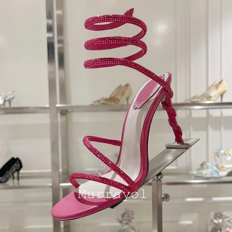 Glitter Crystal Decor High Thin Heels Sandals Women Shiny Snake Shaped Elastic Strap Design Sandalias Summer Party Dress Shoes