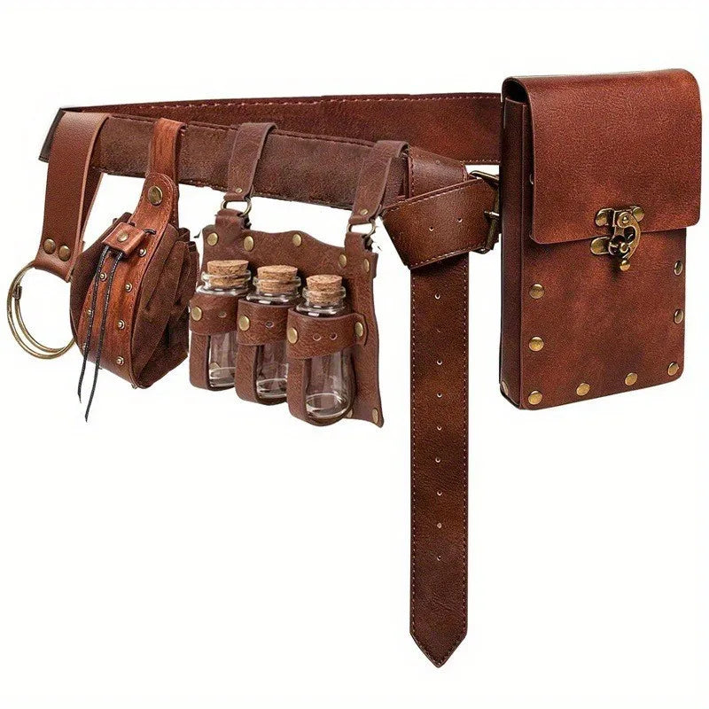 5Pcs/Set Medieval Leather Belt Waist Bag Renaissance Steampunk Vintage Waist Pack Cosplay Halloween Costume Accessories Set ﻿