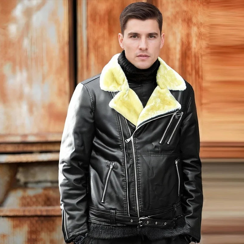 Thick-fibered fur coat for men Fur leather integrated Washed PU leather jacket for men, thick and suitable for motorcycle wear