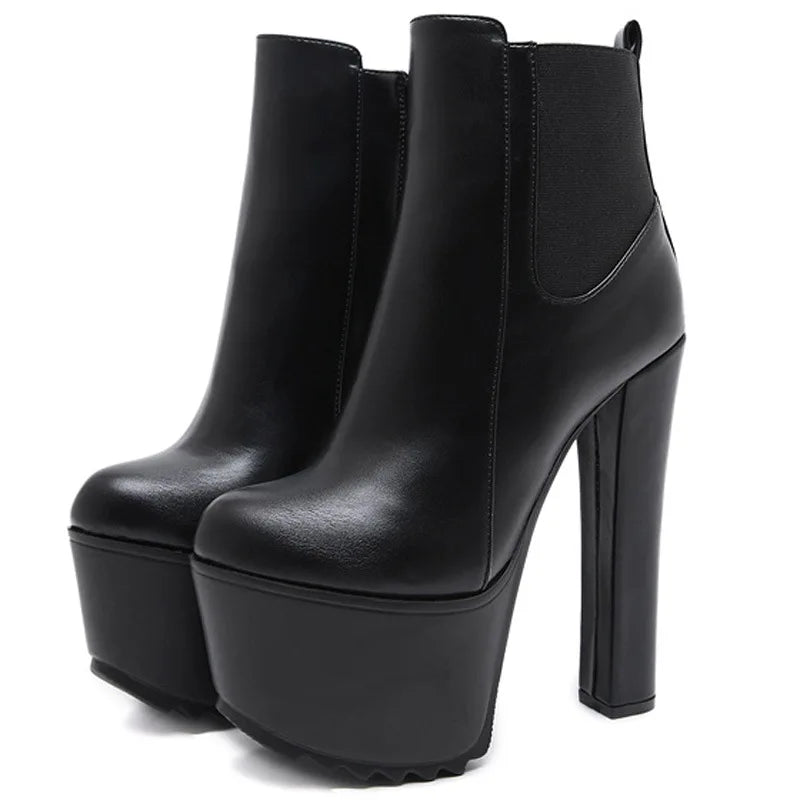 New Autumn Winter Platform High Heels Women Ankle Boots Black PU Leather Round Toe Fashion Female Thick heel Shoes Large size