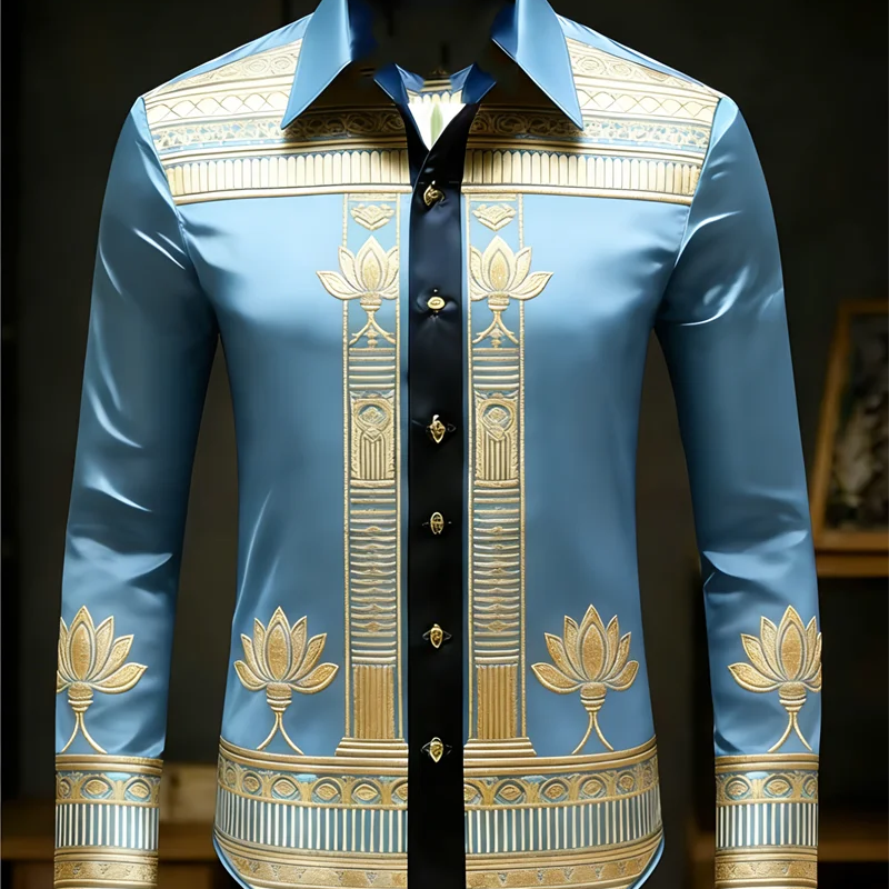 New men's long sleeved shirt with gold lotus 3D printed | SAMAG
