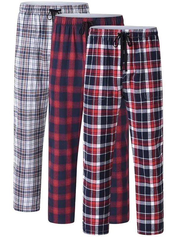 Men's 3Pcs Pajama Sleeping Pants Cotton Plaid Pjs, Long Plaid Print Sleepwear Pajama Pants with Elastic Waist Homewear