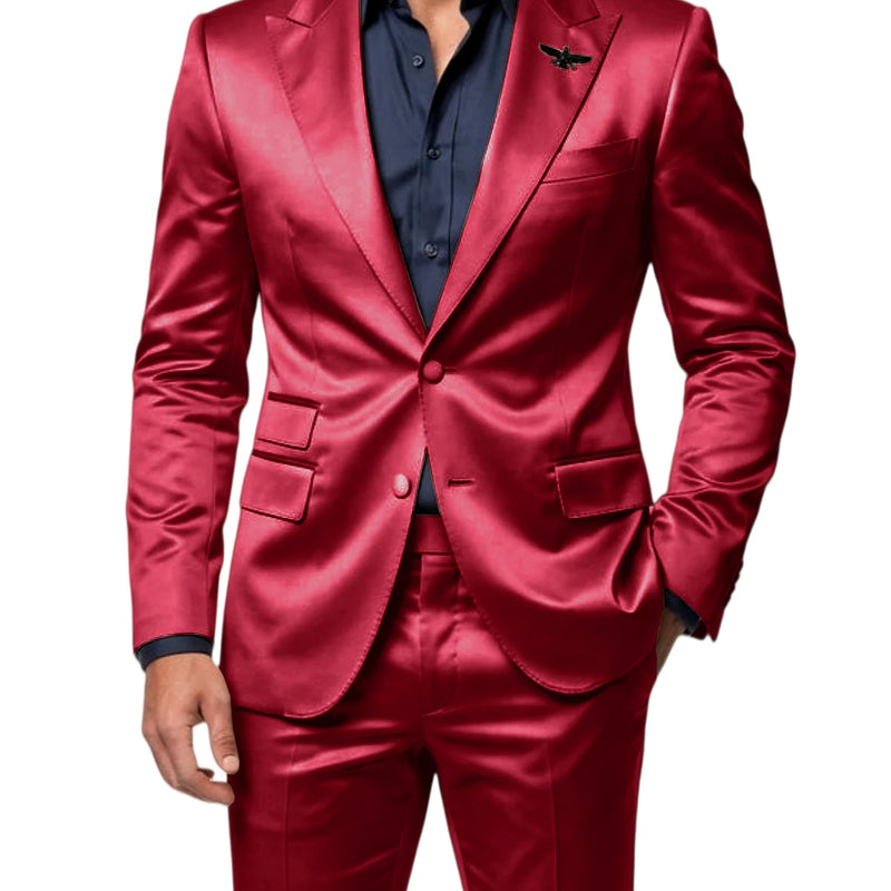 Men's Satin 2 - Piece Suit Set Slim Fit Peak Lapel Tuxedo Blazer With Straight Leg Pants For Wedding Party - View 9 | SAMAG