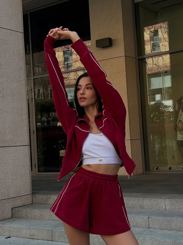 2026 Spring/Summer Casual Women's Stand up Collar Jacket Loose Shorts Long Sleeve Zipper Pocket Coat Fashion Sports Set