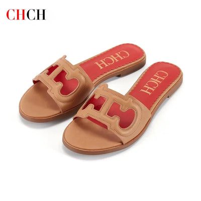 C-H Woman Slippers 2025 Simple Black Flat Flat Women's Shoes Home Indoor Slippers