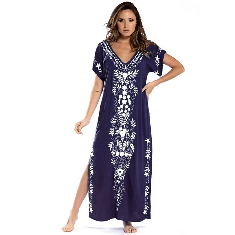 Swimsuit Cover Ups Embroidery V Neck Short Sleeve Swim Cover Up for Women Kaftan Dresses