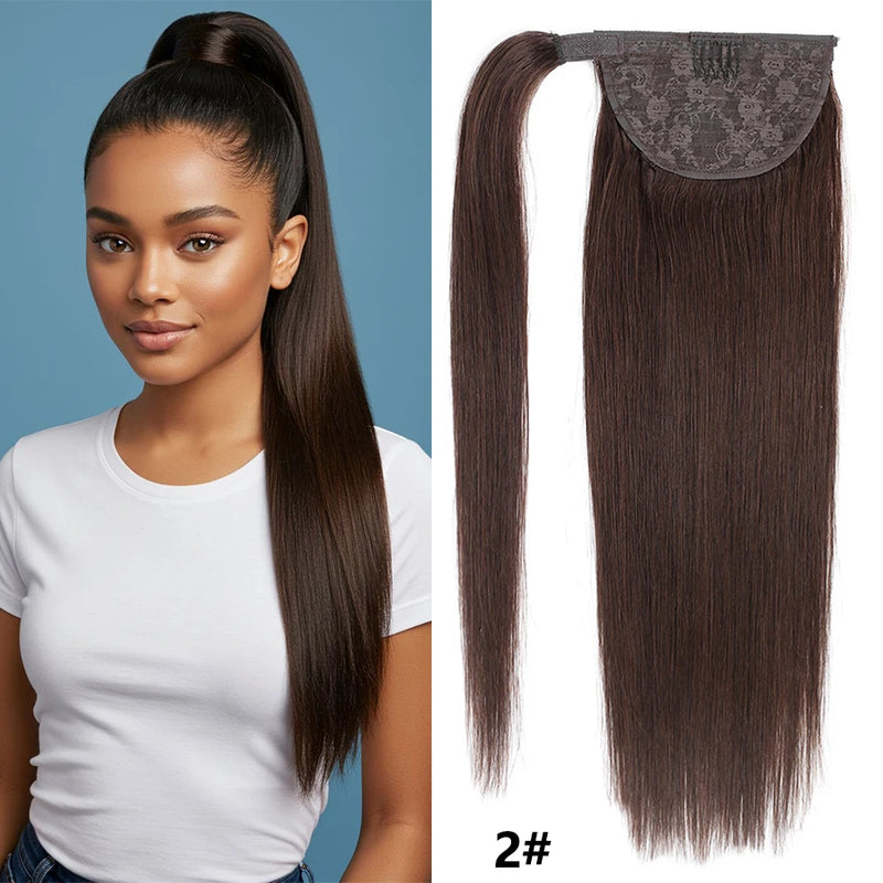 Straight Human Hair Ponytail Wrap Around Horsetail Clips-In Brazilian Remy Hair Ponytail Wig 120g
