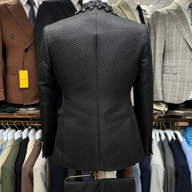 Gorgeous Sparkly Beaded Men's Suit Set 3 Pieces Banquet Party Wear,Black Jacquard Slim Fit Suits For Men Wedding Groom Sets
