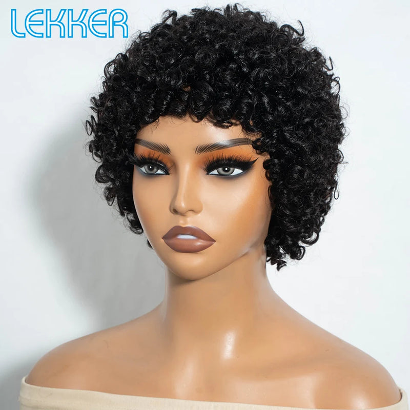 Lekker Black Short Pixie Cut Curly Bob 100% Human Hair Wigs For Women Brazilian Remy Hair Full Machine Made Glueless Daily Wigs