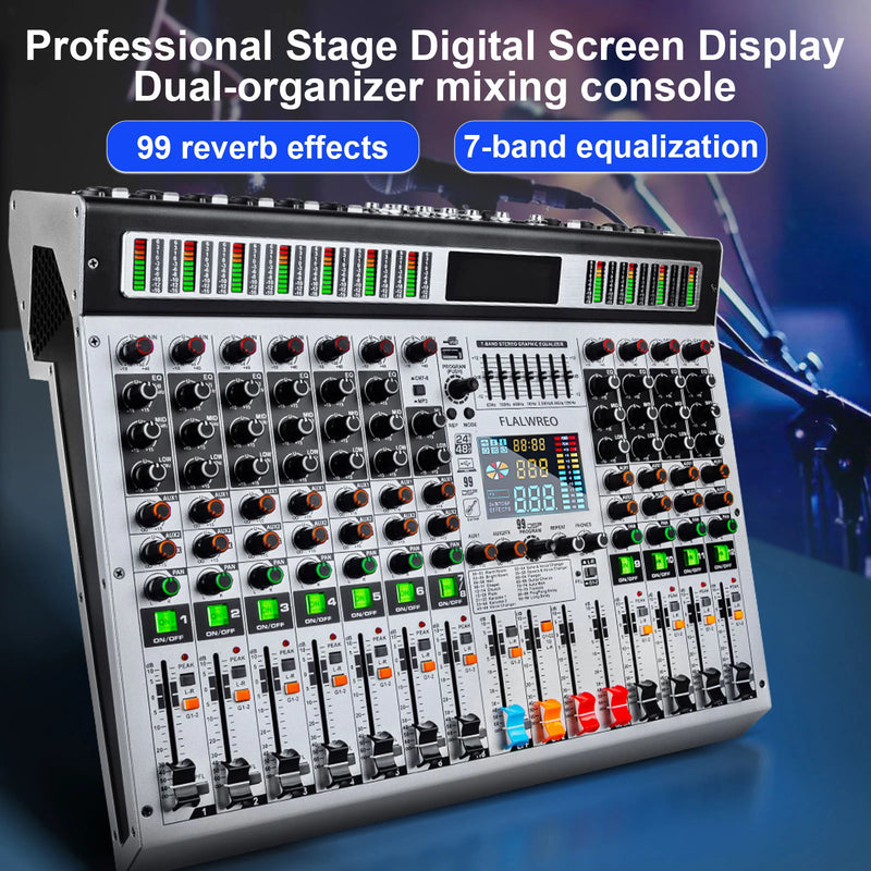 FLALWREO 8 / 12Channel Audio Interfacer DJ Mixer Sound Board 99-Bit DSP Effect USB Audio Mixer Effects +48V Phantom Bluetooth fo