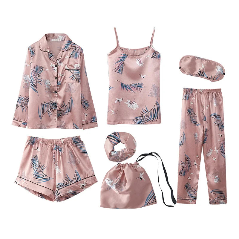 Spring Autumn 7 Pieces Set Silk Elegant Women Pajamas Print Shorts Long Sleeve Top Elastic Waist Pants Lounge Sleepwear