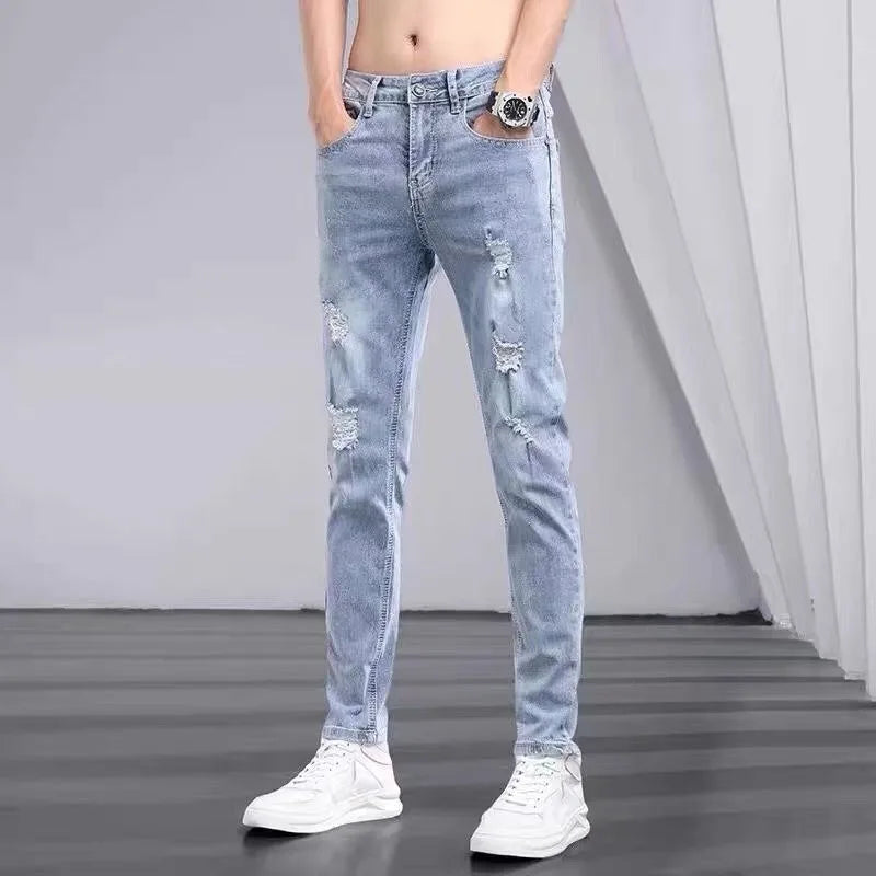 Men's Jeans Spring Summer Ripped Stretch Slim Straight | SAMAG