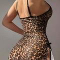 Women Leopard Mesh Slip Nightgown Lace V Neck Split Bow Mini Lingerie Dress Bedroom Honeymoon Intimate Sleep Lounge Outfit