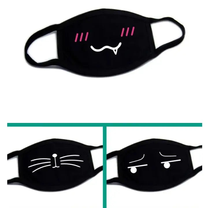 Black Face Mask Unisex Winter Warm Thickening Half Face Mouth Mask Cotton Cartoon Pattern Anti-Dust Anti- Respirator Kpop Mask