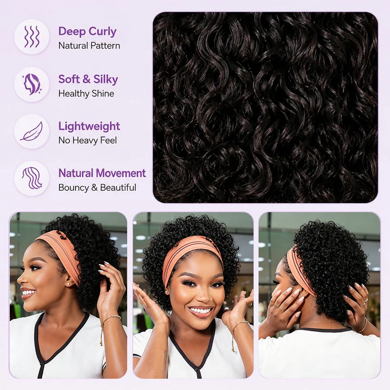 Short Headband Wig Pixie Cut Wigs Human Hair for Women Curly Wigs Bazilian Remy Hair Machine Made Cap Water Wave Wig Daily Wear