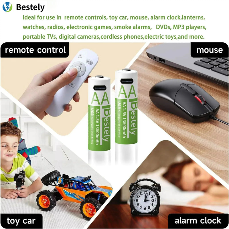 1.5V AA 13600mAh + AAA 6800mAh Rechargeable Lithium Battery Set with USB-C Fast Charging Type C Cable