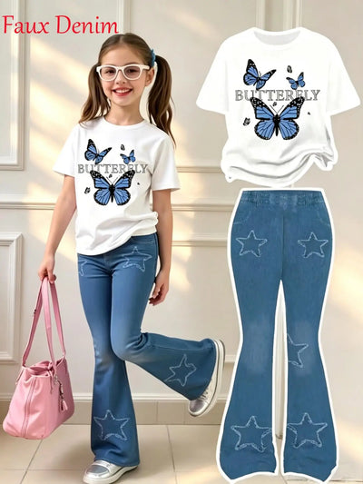 Girls' Summer Casual Outfit: White Butterfly Print | SAMAG