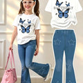 Girls' Summer Casual Outfit: White Butterfly Print | SAMAG