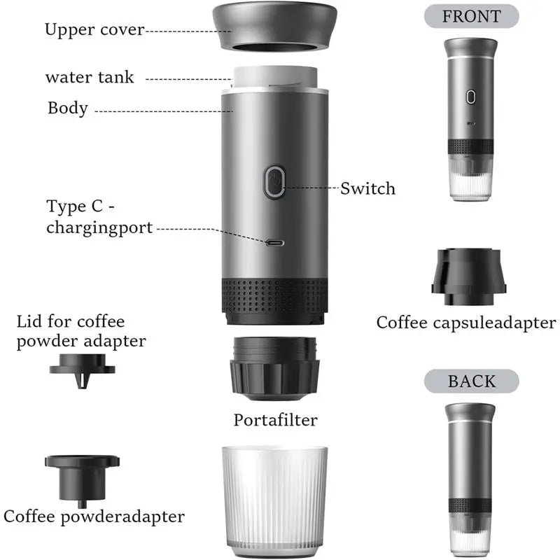 B83B-Portable Espresso Coffee Machine Compatible With Capsules & Powder Ideal For Home & Travel