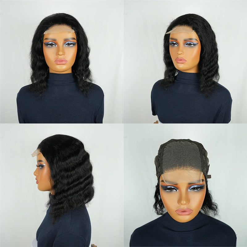 4x4 Lace Front Brazilian Human Hair Wigs Water Wave Straight Pixie Bob Cut Wig with Pre Plucked Hairline for Women Natural Look