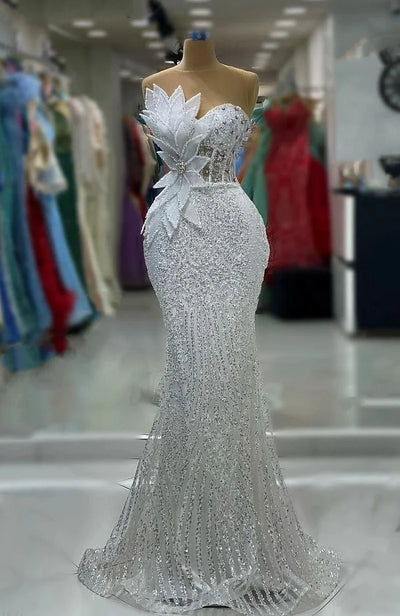 White African Prom Dresses Long Glitter Mermaid 3D Leaf | SAMAG
