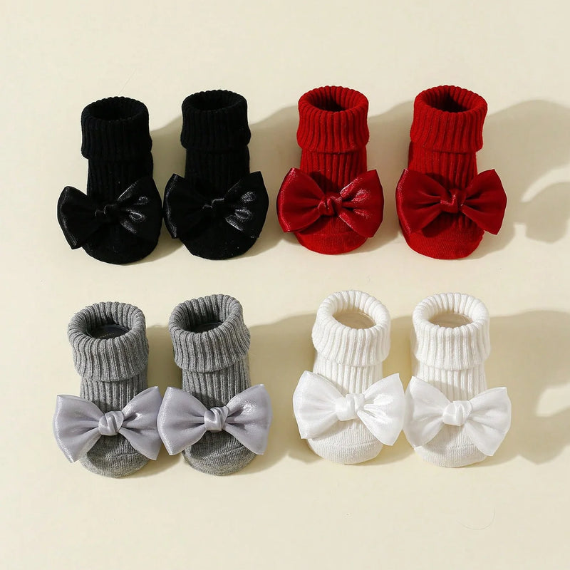 4 Pairs Toddler Socks with Bows, Soft Cotton Cute Ankle Socks for Infants Girls, Fashion Anty-Slip Newborn Baby Socks 0-24 Months