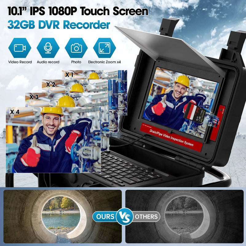SYANSPAN 10.1" 1080P Screen Pipe Camera 512Hz Sonde&Self-leveling for Drain Sewer Inspection16GB Video Recording IP68 Waterproof