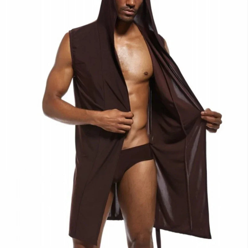 Men's Home Bathrobe Sleeveless Silky Smooth Soft Hooded Sleeping Robe Pajama Comfortable Ultra-thin Lingerie Loose Bathing Suits