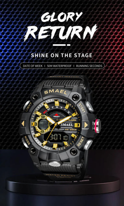 SMAEL 8040 Dual Display Military Watch for Men - 50M Waterproof LED Alarm Chronograph Stopwatch Shock Resistant | SAMAG