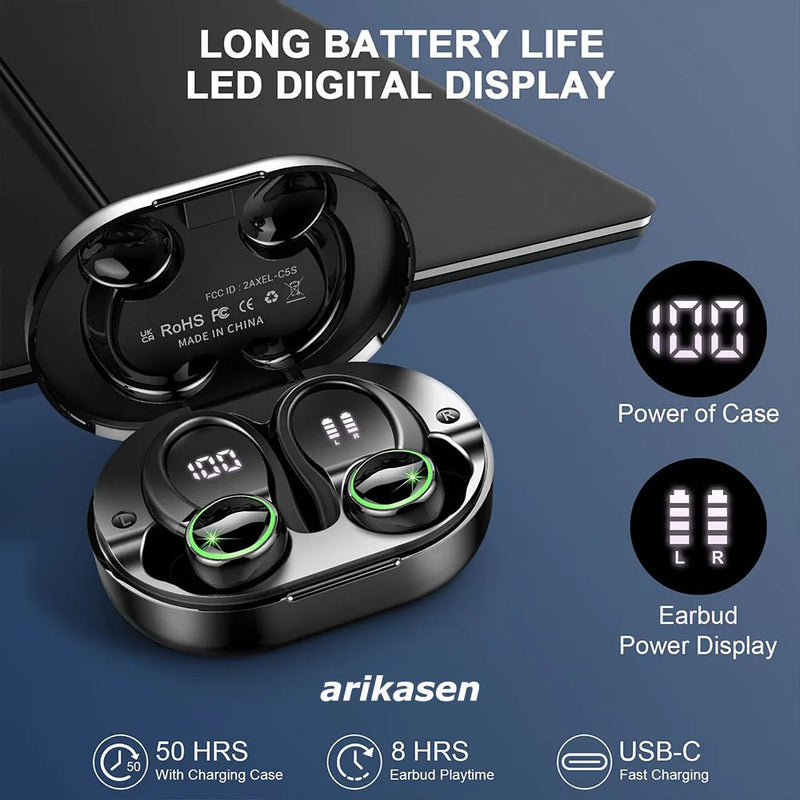 Headphones Bluetooth 5.3 Wireless Bass Stereo Over Ear Earbuds ENC Noise Cancelling Mic with Earhooks 48H Playback LED Display