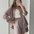 FSMG Fashion Solid Cotton Linen Shorts Set Casual Loose Buttons Long Sleeves Shirt  Elastic Waist Shorts Outfit Lady Chic Outfit