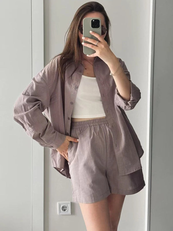 FSMG Fashion Solid Cotton Linen Shorts Set Casual Loose Buttons Long Sleeves Shirt  Elastic Waist Shorts Outfit Lady Chic Outfit