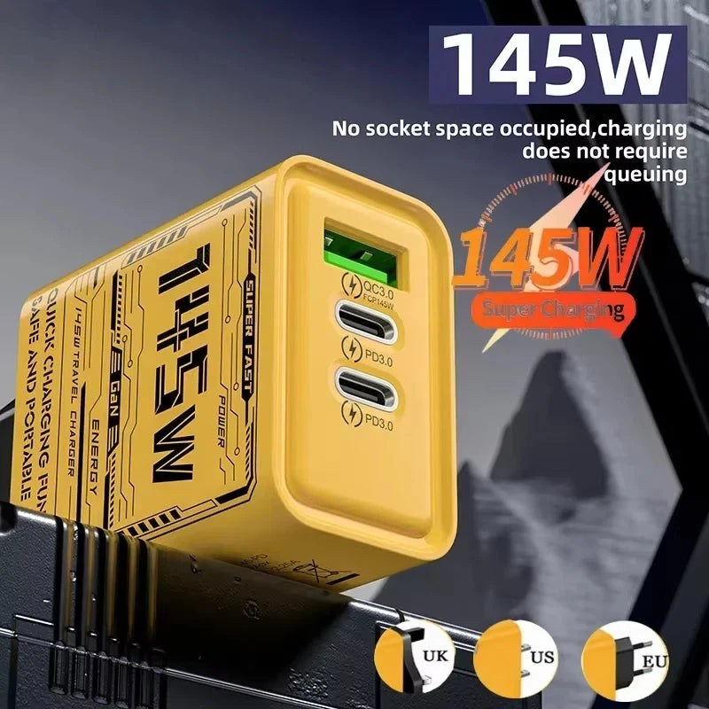145W 3 Ports Super Fast Charger PD USB Type C Quick Charger With EU US UK Plug Adapter Compatible For iPhone 16 Samsung 2025 New