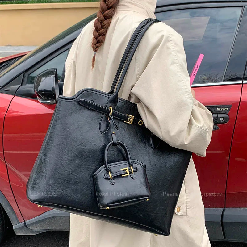 LEFTSIDE Big PU Leather Short Handle Shoulder Bag for Women 2025 Winter Luxury Tote Bag Lady Designer Retro Handbags and Purses