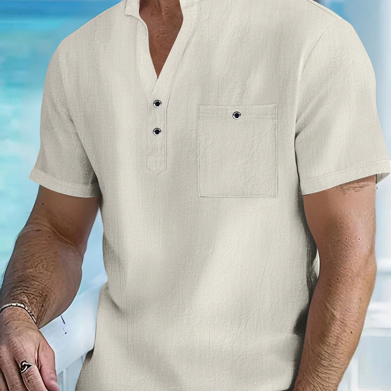 Men's Cotton Linen Short-Sleeve Shirt with Stand Collar | SAMAG