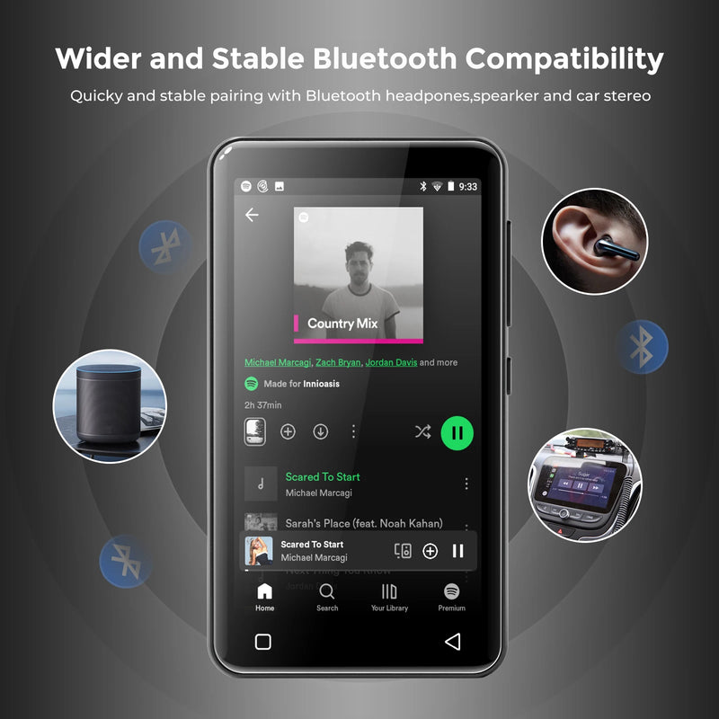 Portable MP4/MP3 Player Bluetooth Speakers & WiFi, Digital Audio Player Support Spotify, Deezer, Car Radio,Up to 1TB