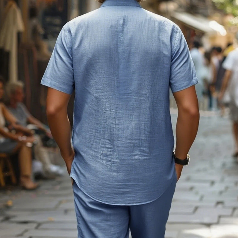 Men's Cotton100 Shirt & Shorts Set Sleeve Light Blue | SAMAG