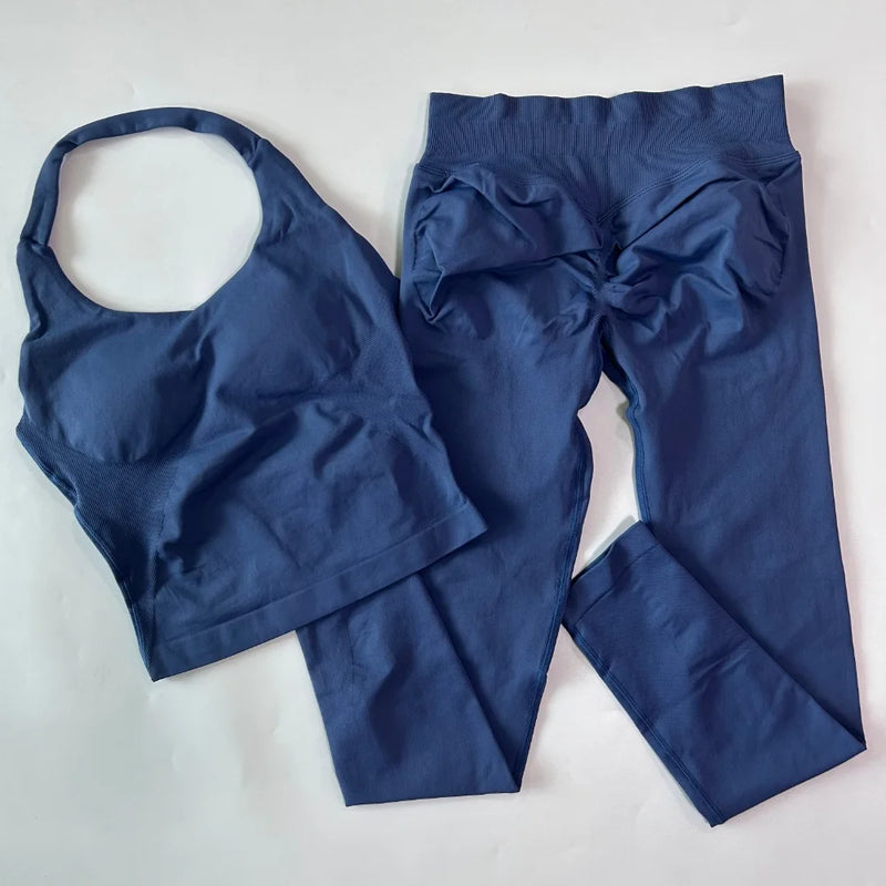 1-2pcs Gym Set Women Backless Tank Tops High Waist Scrunch Seamless Shorts High Waist Yoga Leggings Workout Sets Gym Suit