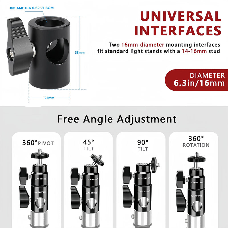 Lanxire Light Stand Adapter with 1/4" Screw Ball Head for Studio Monitor Stand Camera Mount Photo Studio Photography Light Stand