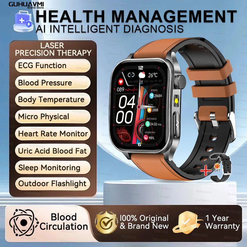 Health managed Non-Invasive Laser Physiotherapy Smart Watch Blood Pressure Uric Acid Call ECG+PPG 650nm Laser Smart Watch 2026