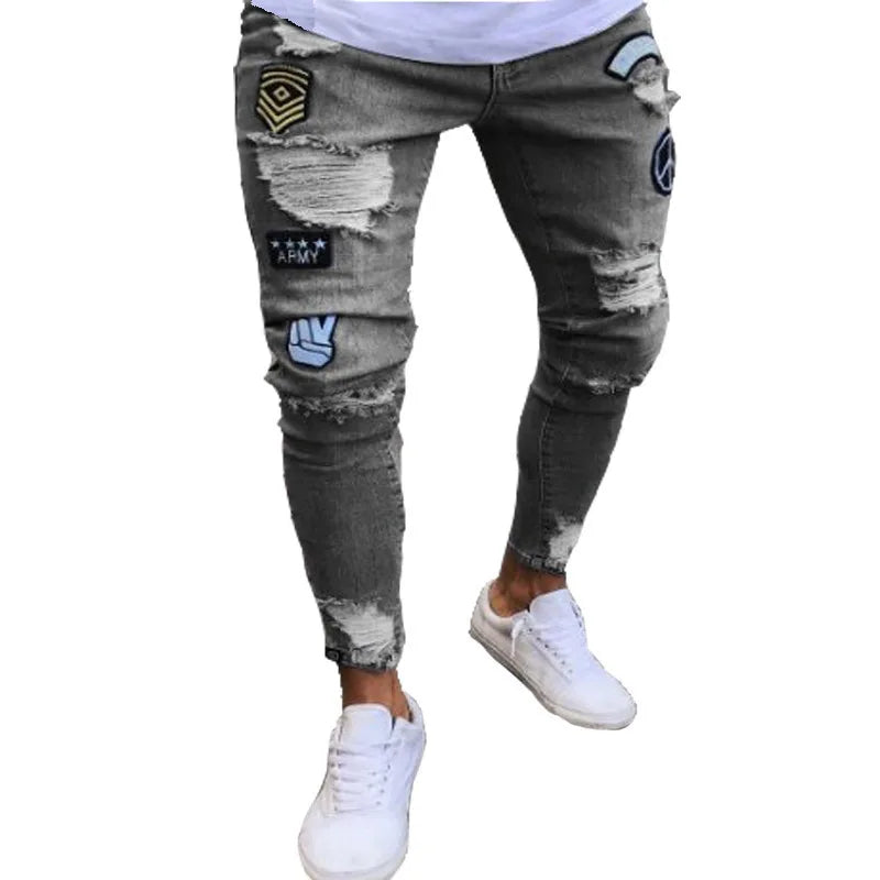 Mbroidery Skinny Ripped Jeans Men Cotton Stretchy Hole | SAMAG