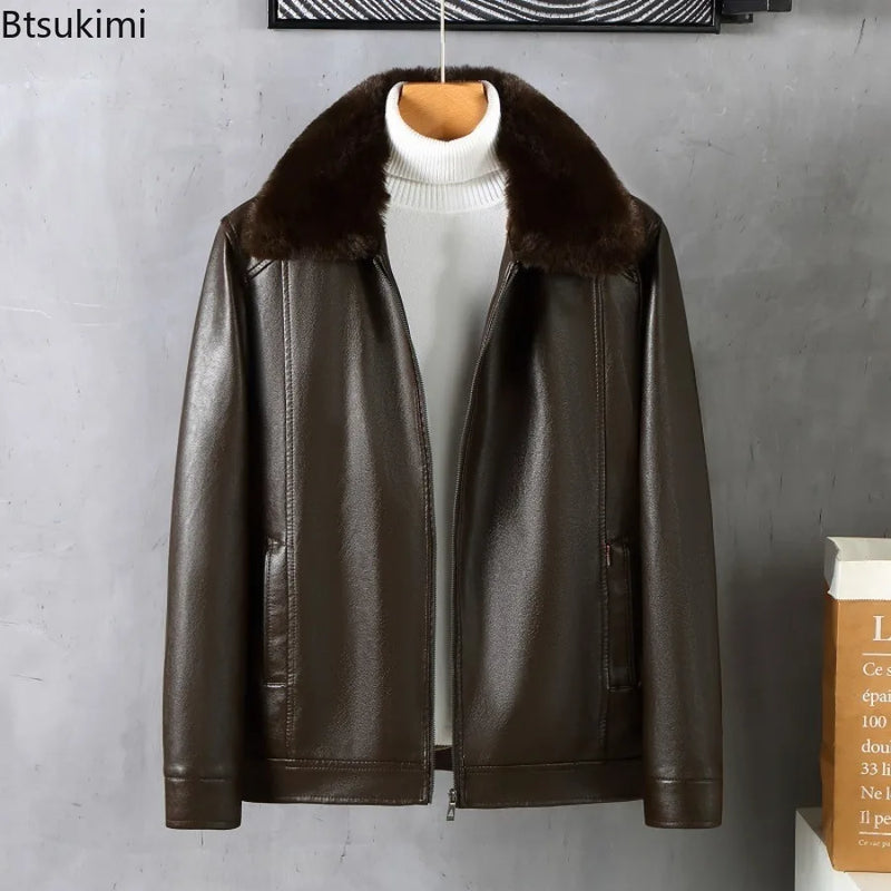 Autumn Winter New Men's Thickened Leather Jackets Fashion Solid Plush PU Leather Coats High Quality Men Warm Windbreaker Jackets
