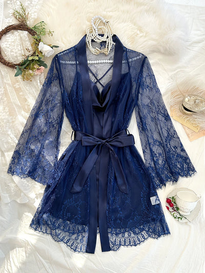 Women Lace Sleepwear Set Sheer Robe with Cowl Neck Slip | SAMAG
